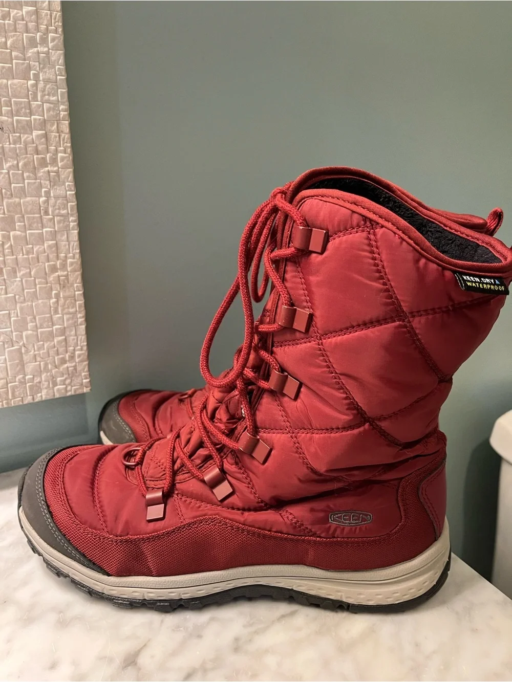 Keen Red Quilted Lace-Up Boot with Black Fleece Lining